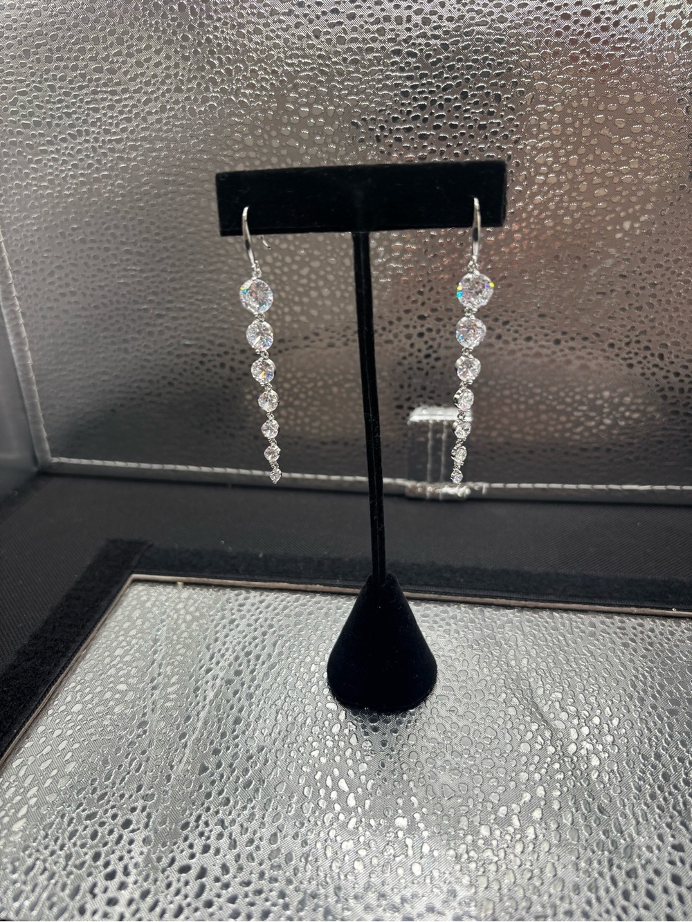 Silver Linear Drop Earrings with Clear Stones